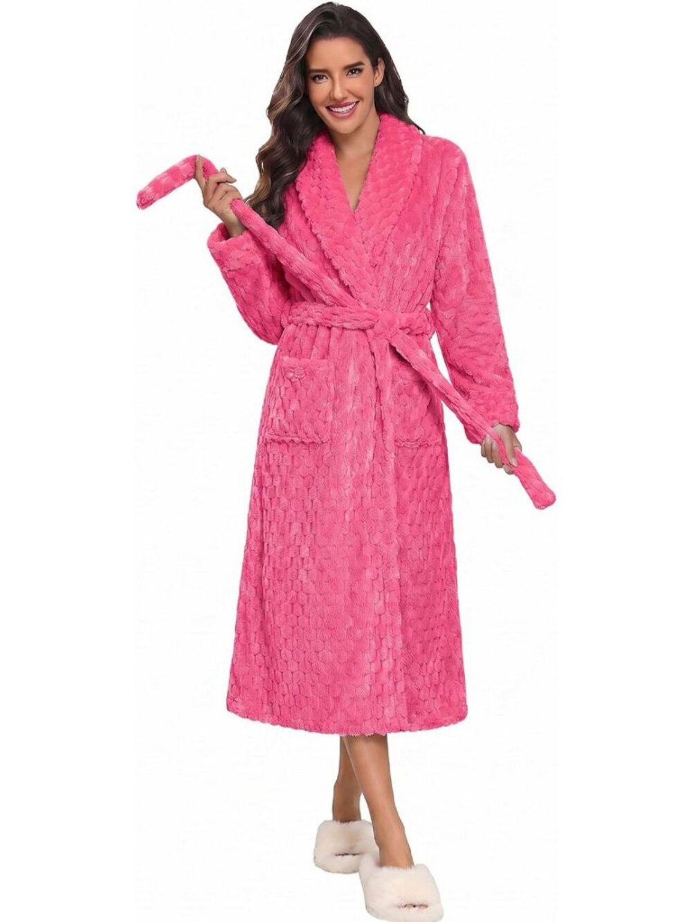 Cozy Long Plush Jacquard Bathrobe for Women with Pockets, Sizes S-XXL, Winter